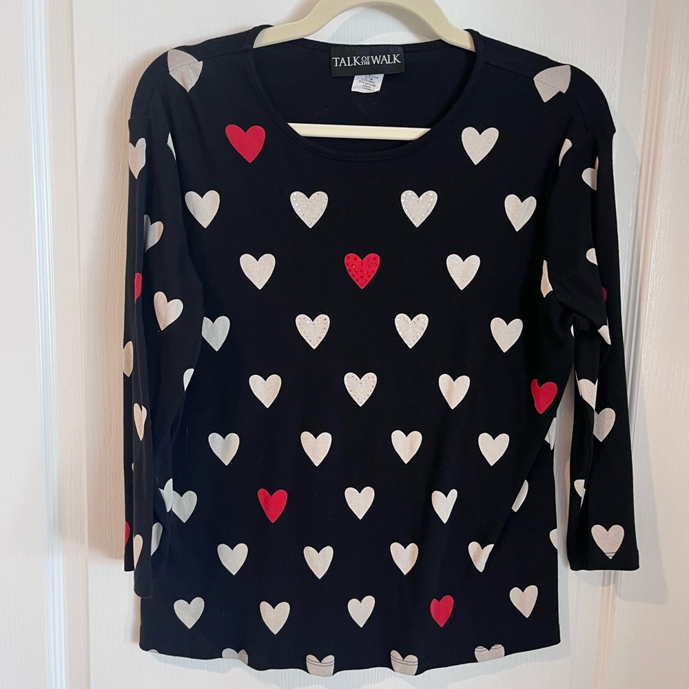Talk of the Walk Black Heart Patterned Long Sleeve Top